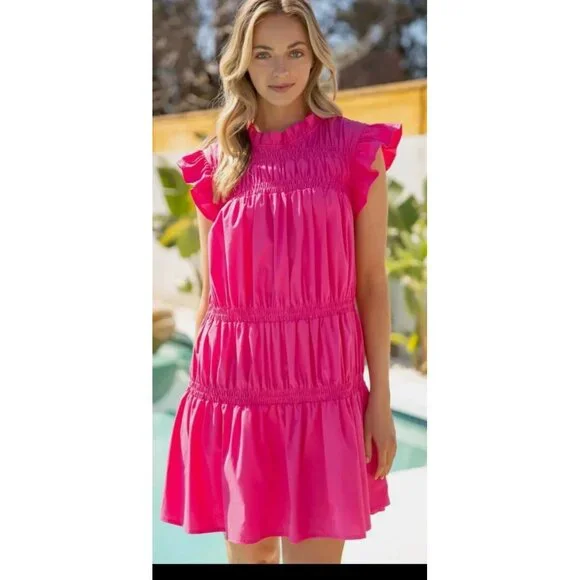 NWT Voy Pink Tiered Ruffle Mini Dress Short Sleeves Smocked Detail Size Small - Picture 1 of 8